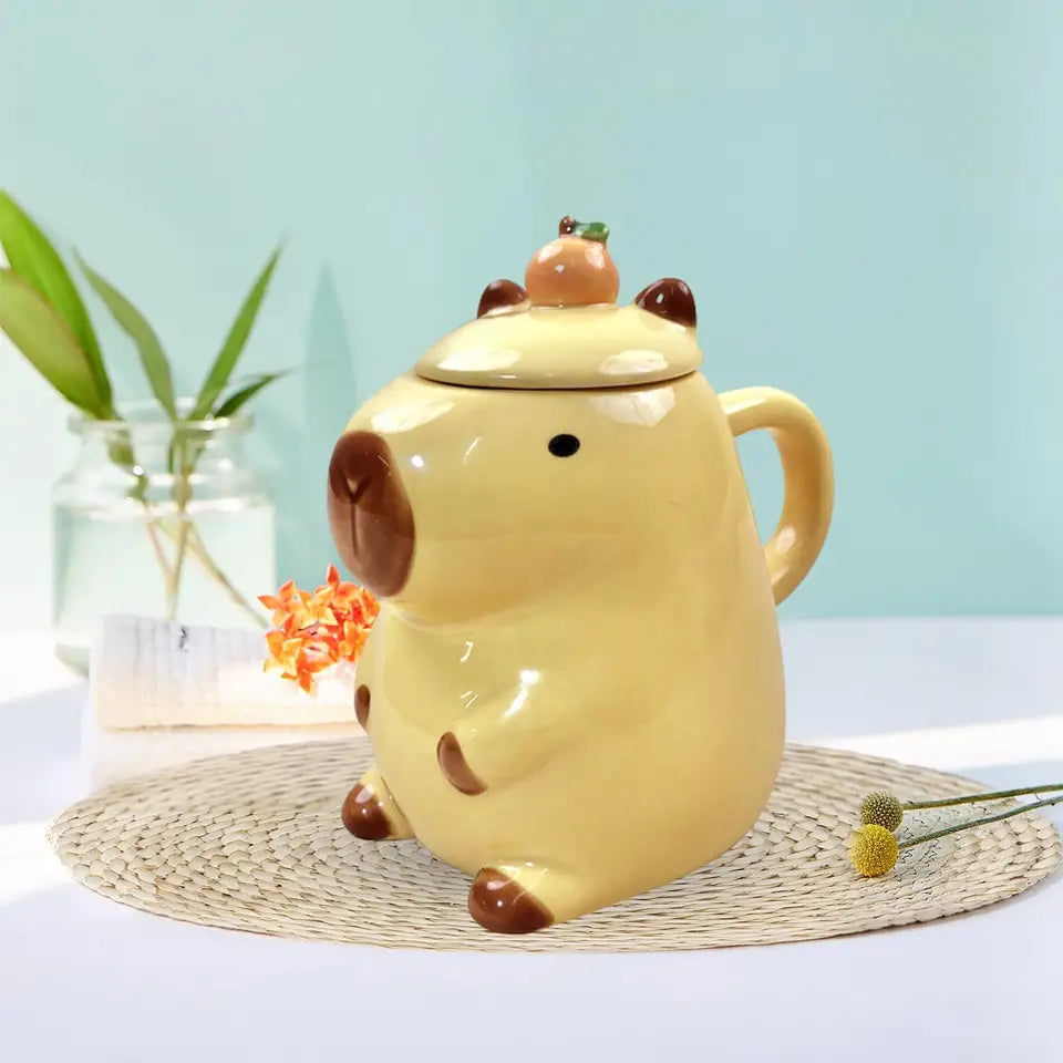 Cartoon Capybara Teacup Kids Gift Porcelain Coffee Cup for Adults 450ml with Lid Coffee Mug for Favors Holiday Desk Parties Home