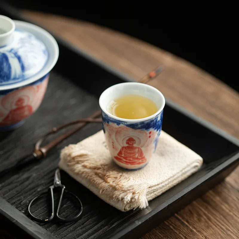 Retro blue white red fragrance gathering cup Kung Fu tea set, glazed color Thousand Buddha Zen heart tea cup, home retro tea cup