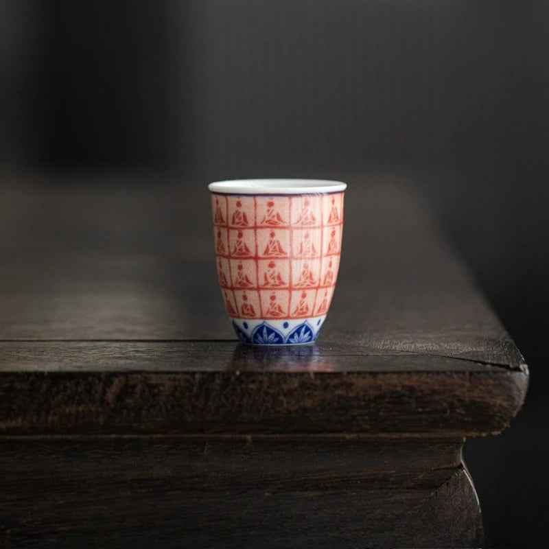 Retro blue white red fragrance gathering cup Kung Fu tea set, glazed color Thousand Buddha Zen heart tea cup, home retro tea cup