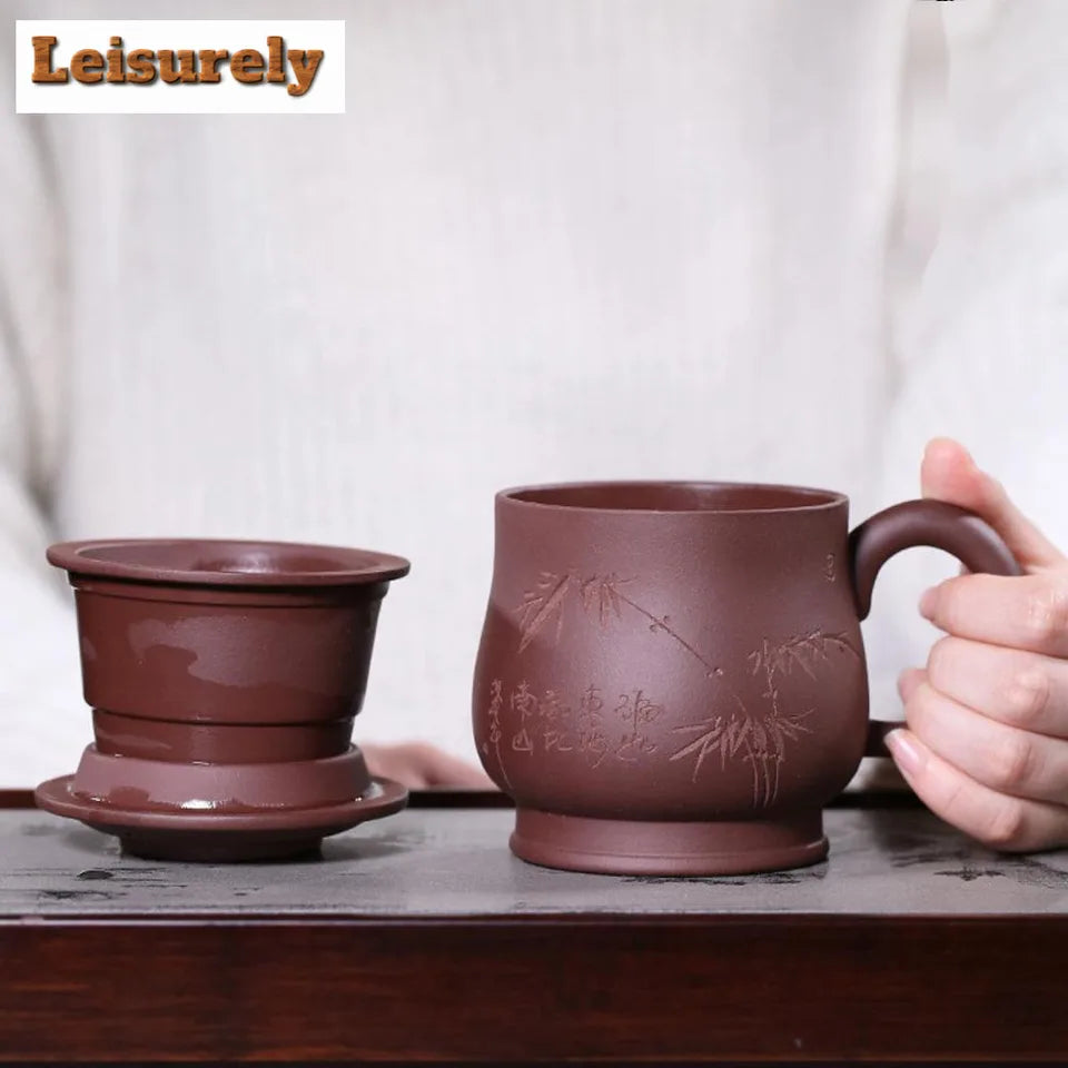 400ml Yixing Clay Teacup with Filter Master Handheld Household Office Infuser Kettle Hand Carved Bamboo Tea and Water Separation