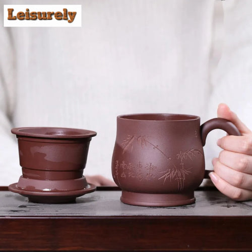 400ml Yixing Clay Teacup with Filter Master Handheld Household Office Infuser Kettle Hand Carved Bamboo Tea and Water Separation