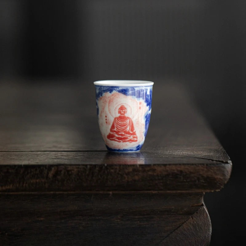 Retro blue white red fragrance gathering cup Kung Fu tea set, glazed color Thousand Buddha Zen heart tea cup, home retro tea cup