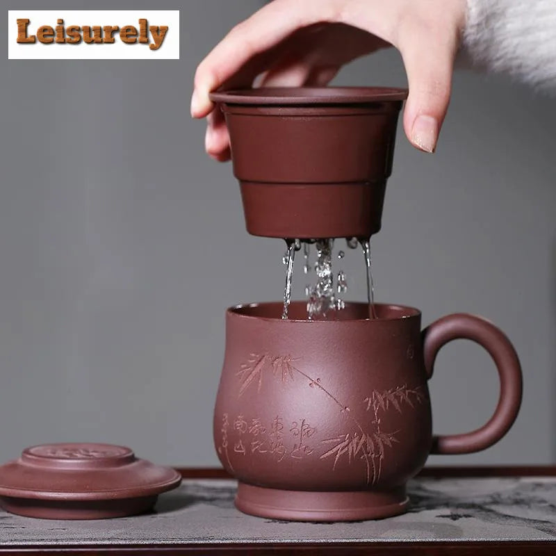 400ml Yixing Clay Teacup with Filter Master Handheld Household Office Infuser Kettle Hand Carved Bamboo Tea and Water Separation