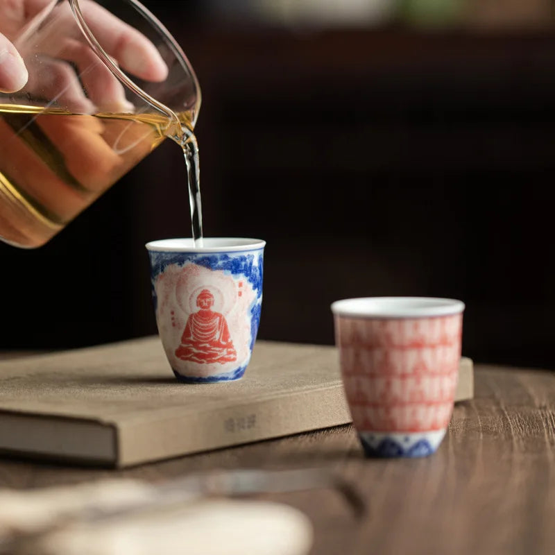 Retro blue white red fragrance gathering cup Kung Fu tea set, glazed color Thousand Buddha Zen heart tea cup, home retro tea cup
