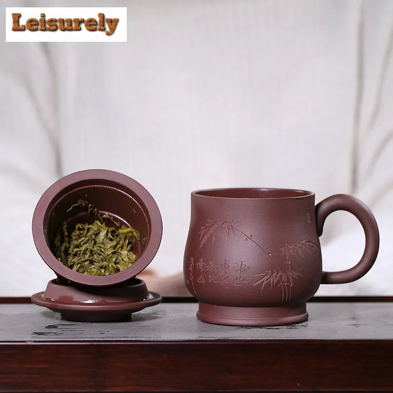 400ml Yixing Clay Teacup with Filter Master Handheld Household Office Infuser Kettle Hand Carved Bamboo Tea and Water Separation