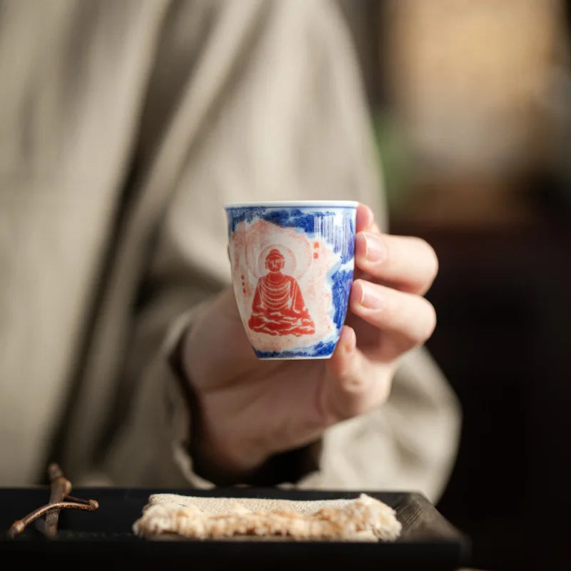 Retro blue white red fragrance gathering cup Kung Fu tea set, glazed color Thousand Buddha Zen heart tea cup, home retro tea cup
