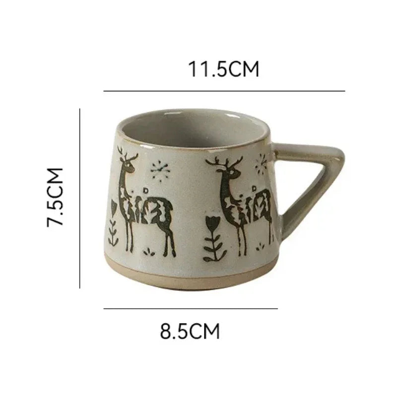 Creative Nordic Style Retro Ceramic Mug with Handle Heat-resistant Coffee Cup Christmas Elk Home Office Handmade Water Tea Cups