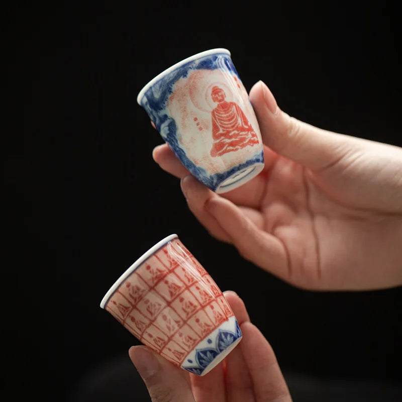 Retro blue white red fragrance gathering cup Kung Fu tea set, glazed color Thousand Buddha Zen heart tea cup, home retro tea cup