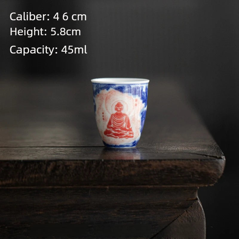 Retro blue white red fragrance gathering cup Kung Fu tea set, glazed color Thousand Buddha Zen heart tea cup, home retro tea cup