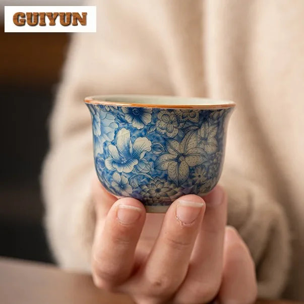 1PCS Chinese Blue and White Ceramic Teacup Anti Scaling Handmade Flowers Porcelain Tea Bowl Travel Meditation Cup Tea Set 70ml