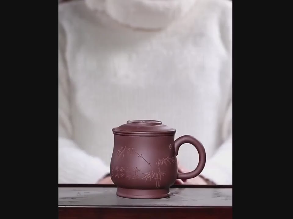 400ml Yixing Clay Teacup with Filter Master Handheld Household Office Infuser Kettle Hand Carved Bamboo Tea and Water Separation